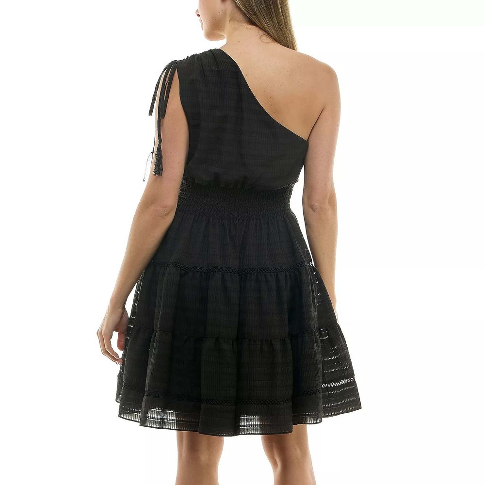 Taylor Black One Shoulder Seersucker Fit Flare Dress M NWT Summer Date Night - Picture 4 of 14